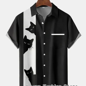 Men Summer Button-Up Cat Shirt