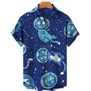 Summer Cat Print Button-Up Shirt