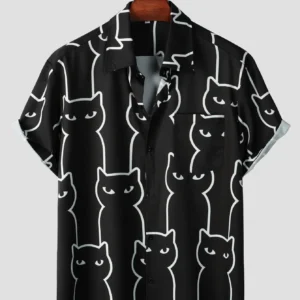 Summer Casual Aloha Cat Button-Up Shirt for Men